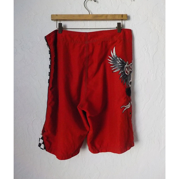 Vintage Gotcha Red Surf Swim Board Shorts Men Size 36 Skull Angel Print - Picture 2 of 13